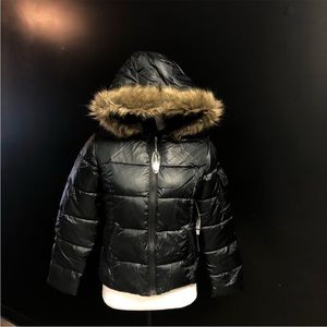 Pink platinum down coat jacket puffy fur hood Nwt black